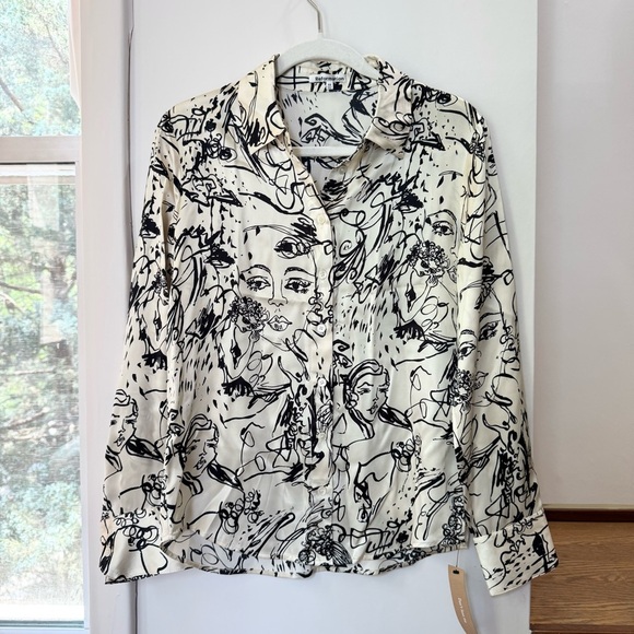 NWT Reformation Sky Silk Top Long Sleeve Button Down Abstract Doodle Vogue XS - Picture 5 of 15